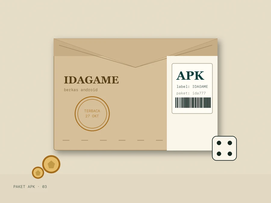 Paket kertas kraft dengan label putih bertuliskan APK, baris label IDAGAME dan paket ida777, barcode, serta cap TERBACA 27 OKT.