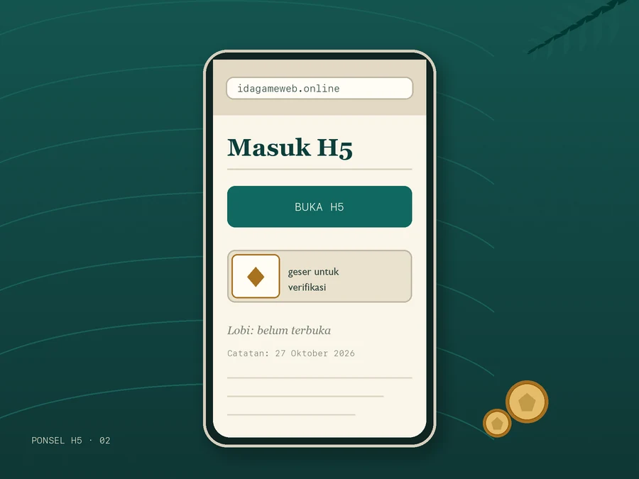 Ponsel tegak dengan bilah alamat idagameweb.online, judul Masuk H5, tombol Buka H5 berwarna teal, dan kartu captcha bergeser yang belum diverifikasi.