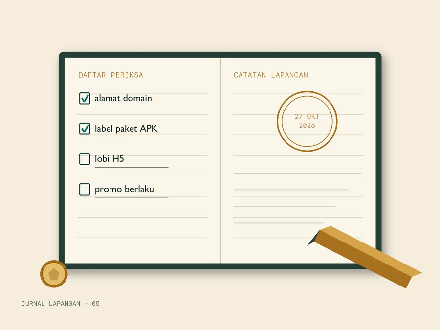 Buku jurnal terbuka dengan empat baris daftar periksa (dua bertanda centang), cap tanggal 27 Oktober 2026 pada halaman kanan, dan sebatang pensil kayu.